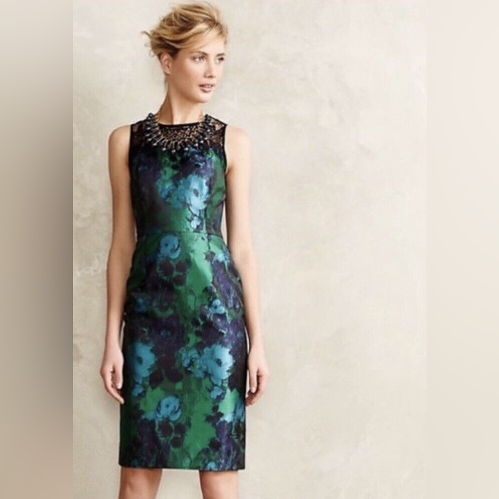 Anthropologie Leifsdottir Water Garden Floral Dress Size 0P Sheath Brocade Lace